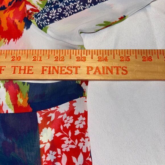 Valerie Stevens Shirt Womens XL Red/Blue Floral Short Sleeve Sheer Cinch Waist - Picture 6 of 8